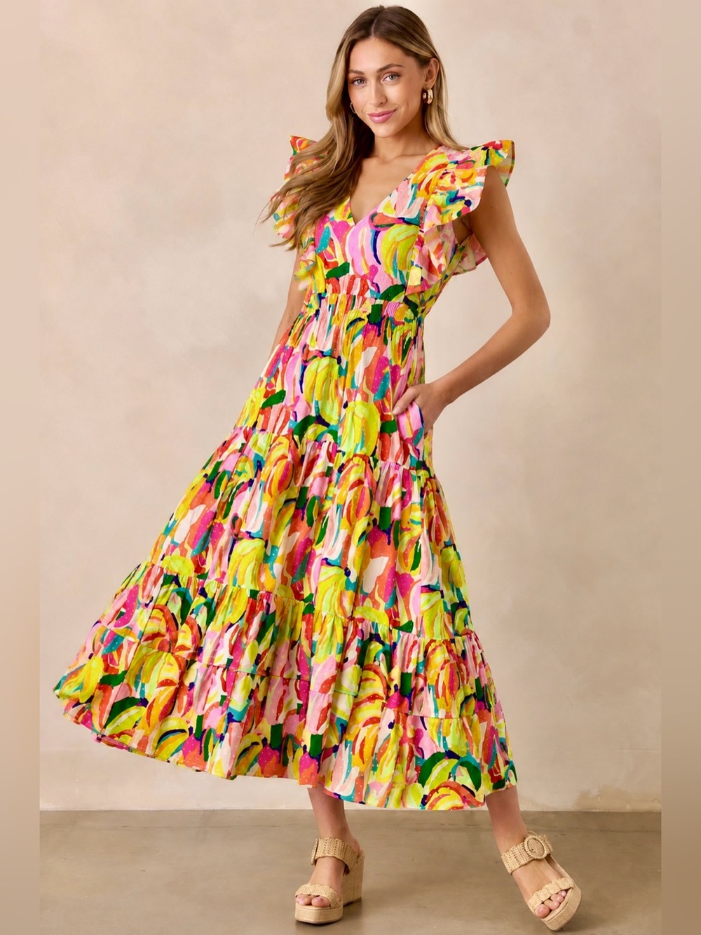 CROSBY by Mollie Burch Ruffle Tiered Sleeveless Go Bananas Walker Maxi Dress
